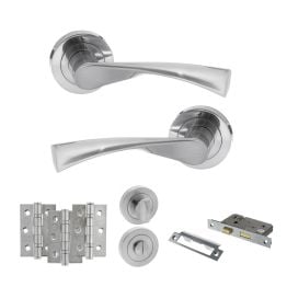 STATUS Colorado Door Handle Pack (Bathroom Set - 2.5" CE Bathroom Lock, 3" Fire Rated Hinges x3) - Satin Chrome