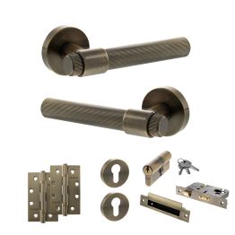 Senza Pari Fasana Door Handle Pack (Euro Lock Set - 3" CE Sashlock, 4" Slim Knuckle Hinges x2) - Antique Brass