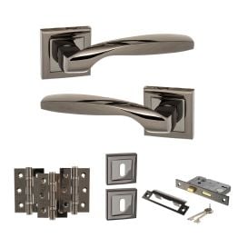 STATUS Oklahoma Door Handle Pack (3 Lever Lock Set - 3" CE Sashlock, 3" Fire Rated Hinges x3) - Black Nickel