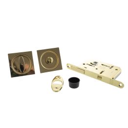 AGB Square Flush Handle Sliding Door Bathroom Lock Set - Polished Brass