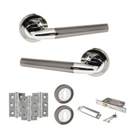 STATUS Tennessee Door Handle Pack (3 Lever Lock Set - 3" CE Sashlock, 3" Fire Rated Hinges x3) - Black Nickel/Polished Chrome