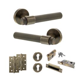 Senza Pari Andretta Door Handle Pack (Euro Lock Set - 2.5" CE Sashlock, 4" Slim Knuckle Hinges x2) - Antique Brass