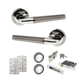 STATUS Tennessee Door Handle Pack (Euro Lock Set - 2.5" CE Sashlock, 4" Slim Knuckle Hinges x2) - Black Nickel/Polished Chrome