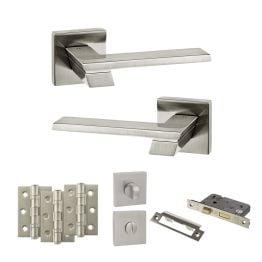Senza Pari Giovanni Door Handle Pack (Bathroom Set - 2.5" CE Bathroom Lock, 3" Fire Rated Hinges x3) - Satin Nickel