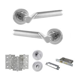 STATUS Hawaii Door Handle Pack (Bathroom Set - 2.5" CE Bathroom Lock, 3" Fire Rated Hinges x3) - Satin Chrome/Polished Chrome