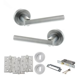 STATUS Nebraska Door Handle Pack (3 Lever Lock Set - 3" CE Sashlock, 4" Fire Rated Hinges x3) - Satin Chrome