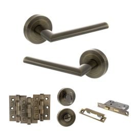 STATUS Alabama Door Handle Pack (Bathroom Set - 2.5" CE Bathroom Lock, 3" Fire Rated Hinges x3) - Antique Brass