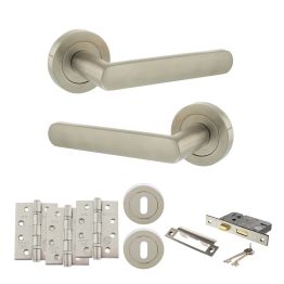 STATUS Carolina Door Handle Pack (3 Lever Lock Set - 3" CE Sashlock, 4" Fire Rated Hinges x3) - Satin Nickel