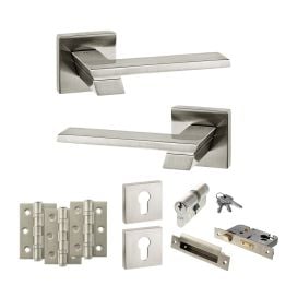 Senza Pari Giovanni Door Handle Pack (Euro Lock Set - 2.5" CE Sashlock, 3" Fire Rated Hinges x3) - Satin Nickel