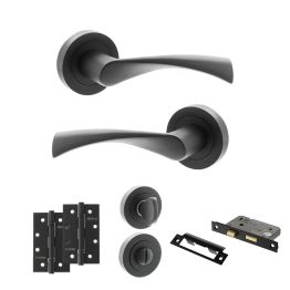 STATUS Colorado Door Handle Pack (Bathroom Set - 2.5" CE Bathroom Lock, 4" Slim Knuckle Hinges x2) - Matt Black