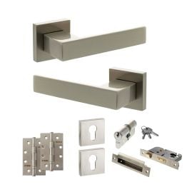 Senza Pari Panetti Door Handle Pack (Euro Lock Set - 2.5" CE Sashlock, 4" Slim Knuckle Hinges x2) - Satin Nickel