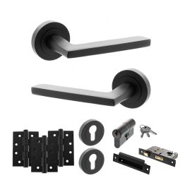STATUS Alaska Door Handle Pack (Euro Lock Set - 3" CE Sashlock, 4" Fire Rated Hinges x3) - Matt Black