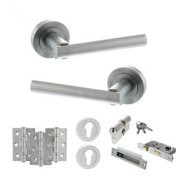 STATUS Nebraska Door Handle Pack (Euro Lock Set - 3" CE Sashlock, 3" Fire Rated Hinges x3) - Satin Chrome