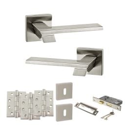 Senza Pari Giovanni Door Handle Pack (3 Lever Lock Set - 2.5" CE Sashlock, 4" Fire Rated Hinges x3) - Satin Nickel
