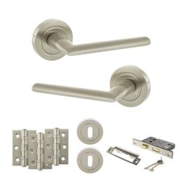 STATUS Alabama Door Handle Pack (3 Lever Lock Set - 2.5" CE Sashlock, 3" Fire Rated Hinges x3) - Satin Nickel