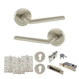STATUS Alabama Door Handle Pack (Euro Lock Set - 3" CE Sashlock, 4" Fire Rated Hinges x3) - Satin Nickel