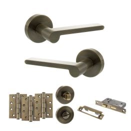 Senza Pari Darrio Door Handle Pack (Bathroom Set - 2.5" CE Bathroom Lock, 4" Fire Rated Hinges x3) - Antique Brass