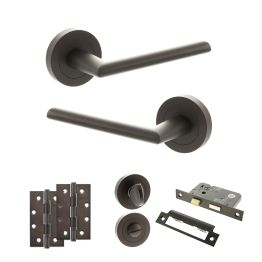STATUS Alabama Door Handle Pack (Bathroom Set - 3" CE Bathroom Lock, 4" Slim Knuckle Hinges x2) - Urban Dark Bronze