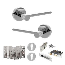 Senza Pari Darrio Door Handle Pack (Euro Lock Set - 3" CE Sashlock, 4" Fire Rated Hinges x3) - Polished Chrome