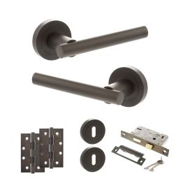 STATUS Nebraska Door Handle Pack (3 Lever Lock Set - 2.5" CE Sashlock, 4" Slim Knuckle Hinges x2) - Urban Dark Bronze