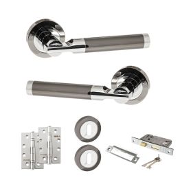 STATUS Dakota Door Handle Pack (3 Lever Lock Set - 3" CE Sashlock, 4" Slim Knuckle Hinges x2) - Black Nickel/Polished Chrome