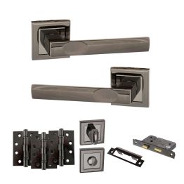 STATUS Kansas Door Handle Pack (Bathroom Set - 3" CE Bathroom Lock, 4" Fire Rated Hinges x3) - Black Nickel