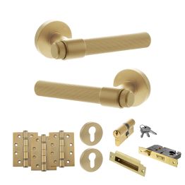 Senza Pari Fasana Door Handle Pack (Euro Lock Set - 2.5" CE Sashlock, 4" Fire Rated Hinges x3) - Satin Brass