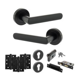 STATUS Carolina Door Handle Pack (Euro Lock Set - 2.5" CE Sashlock, 4" Fire Rated Hinges x3) - Matt Black