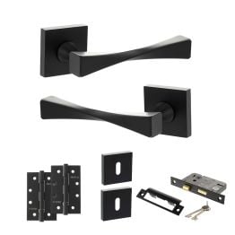 Senza Pari Guido Door Handle Pack (3 Lever Lock Set - 2.5" CE Sashlock, 4" Slim Knuckle Hinges x2) - Matt Black