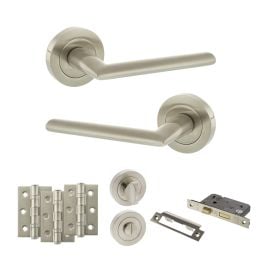 STATUS Alabama Door Handle Pack (Bathroom Set - 3" CE Bathroom Lock, 3" Fire Rated Hinges x3) - Satin Nickel