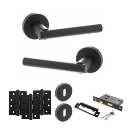 STATUS Nebraska Door Handle Pack (3 Lever Lock Set - 3" CE Sashlock, 4" Fire Rated Hinges x3) - Matt Black