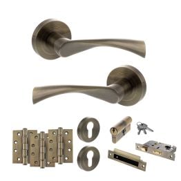 STATUS Colorado Door Handle Pack (Euro Lock Set - 2.5" CE Sashlock, 4" Fire Rated Hinges x3) - Antique Brass