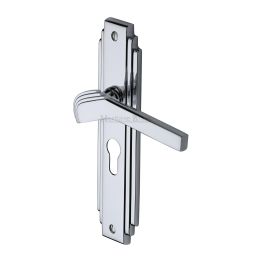 Heritage Brass Door Handle Euro Profile Plate Tiffany Design Polished Chrome Finish