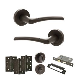 STATUS Indiana Door Handle Pack (Bathroom Set - 2.5" CE Bathroom Lock, 4" Fire Rated Hinges x3) - Urban Dark Bronze