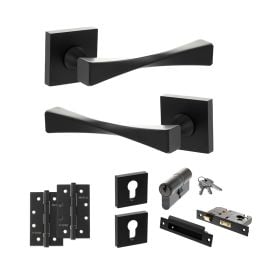 Senza Pari Guido Door Handle Pack (Euro Lock Set - 3" CE Sashlock, 4" Slim Knuckle Hinges x2) - Matt Black