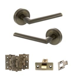 STATUS Alabama Door Handle Pack (Latch Set - 3" CE Latch, 3" Fire Rated Hinges x3) - Antique Brass