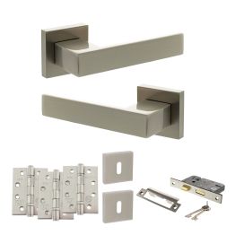 Senza Pari Panetti Door Handle Pack (3 Lever Lock Set - 3" CE Sashlock, 4" Fire Rated Hinges x3) - Satin Nickel