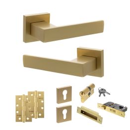 Senza Pari Panetti Door Handle Pack (Euro Lock Set - 2.5" CE Sashlock, 4" Slim Knuckle Hinges x2) - Satin Brass