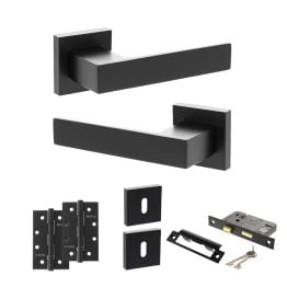Senza Pari Panetti Door Handle Pack (3 Lever Lock Set - 2.5" CE Sashlock, 4" Slim Knuckle Hinges x2) - Matt Black