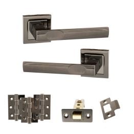 STATUS Kansas Door Handle Pack (Latch Set - 3" CE Latch, 3" Fire Rated Hinges x3) - Black Nickel