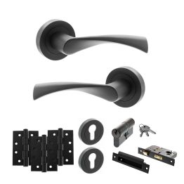 STATUS Colorado Door Handle Pack (Euro Lock Set - 3" CE Sashlock, 4" Fire Rated Hinges x3) - Matt Black