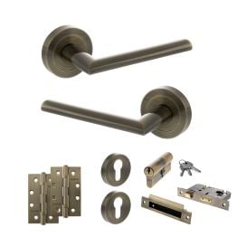 STATUS Alabama Door Handle Pack (Euro Lock Set - 3" CE Sashlock, 4" Slim Knuckle Hinges x2) - Antique Brass