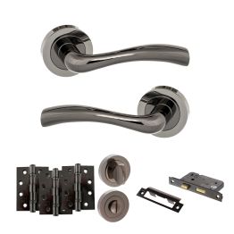 STATUS Texas Door Handle Pack (Bathroom Set - 3" CE Bathroom Lock, 4" Fire Rated Hinges x3) - Black Nickel