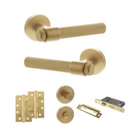 Senza Pari Fasana Door Handle Pack (Bathroom Set - 2.5" CE Bathroom Lock, 4" Slim Knuckle Hinges x2) - Satin Brass