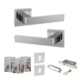 STATUS Montana Door Handle Pack (3 Lever Lock Set - 2.5" CE Sashlock, 4" Fire Rated Hinges x3) - Polished Chrome