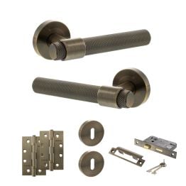 Senza Pari Andretta Door Handle Pack (3 Lever Lock Set - 3" CE Sashlock, 4" Slim Knuckle Hinges x2) - Antique Brass