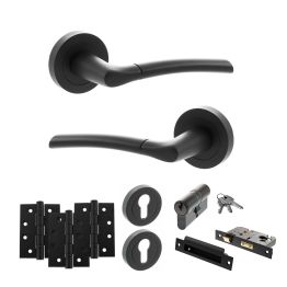 STATUS Indiana Door Handle Pack (Euro Lock Set - 3" CE Sashlock, 4" Fire Rated Hinges x3) - Matt Black