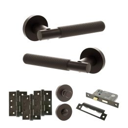 Senza Pari Rosarno Door Handle Pack (Bathroom Set - 3" CE Bathroom Lock, 4" Fire Rated Hinges x3) - Urban Dark Bronze