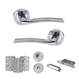 STATUS Indiana Door Handle Pack (Bathroom Set - 2.5" CE Bathroom Lock, 3" Fire Rated Hinges x3) - Satin Chrome/Polished Chrome