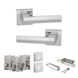 Senza Pari Davoli Door Handle Pack (3 Lever Lock Set - 2.5" CE Sashlock, 4" Fire Rated Hinges x3) - Polished Chrome